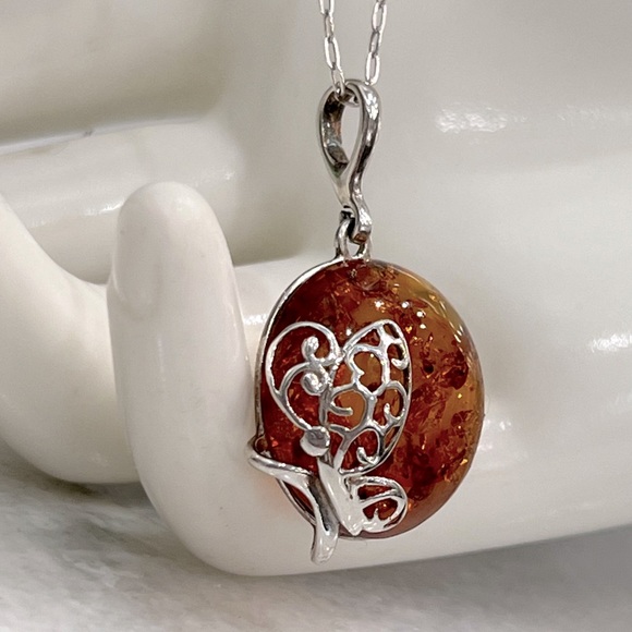 Baltic Amber Sterling Silver Pendant with Butterfly Detail Necklace - Picture 6 of 12